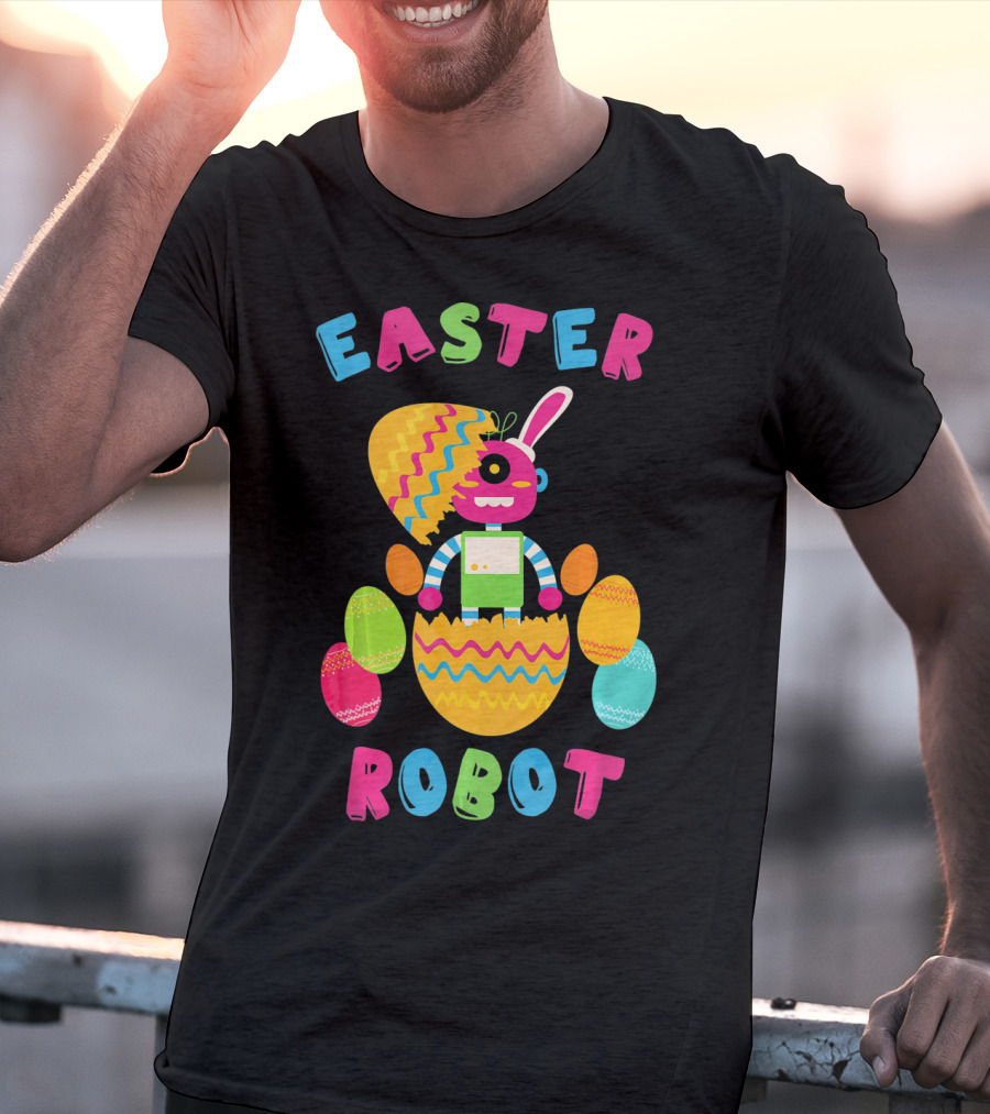 Easter Robot Bunny With Colorful Eggs T-Shirt
