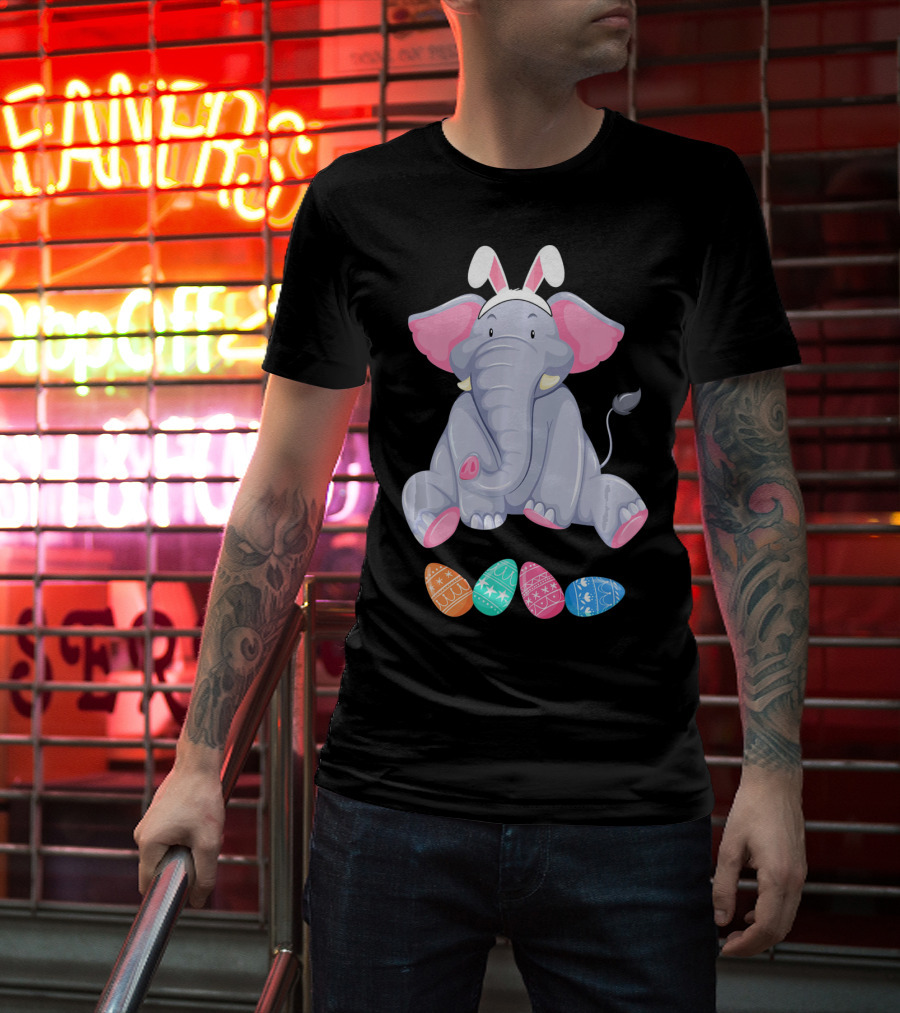 Funny Easter Elephant With Bunny Ears And Colorful Patterned Eggs T-Shirt