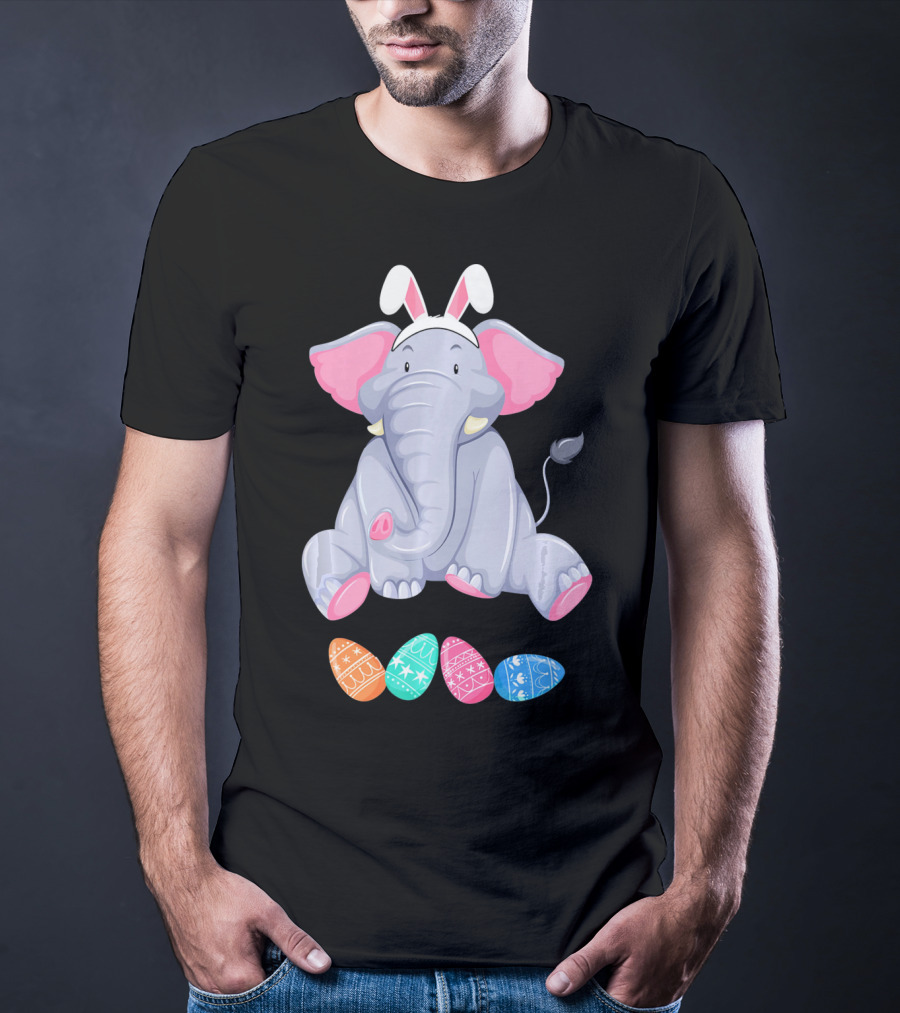 Funny Easter Elephant With Bunny Ears And Colorful Patterned Eggs T-Shirt
