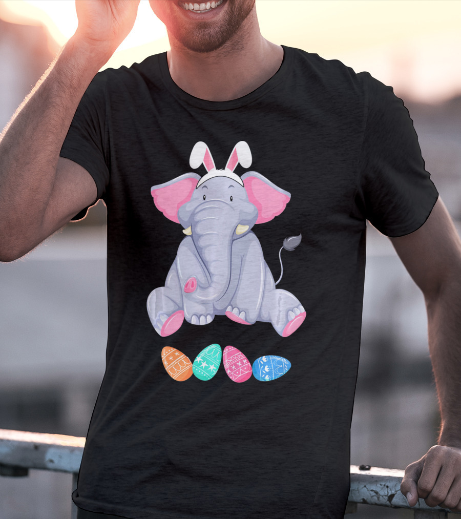 Funny Easter Elephant With Bunny Ears And Colorful Patterned Eggs T-Shirt