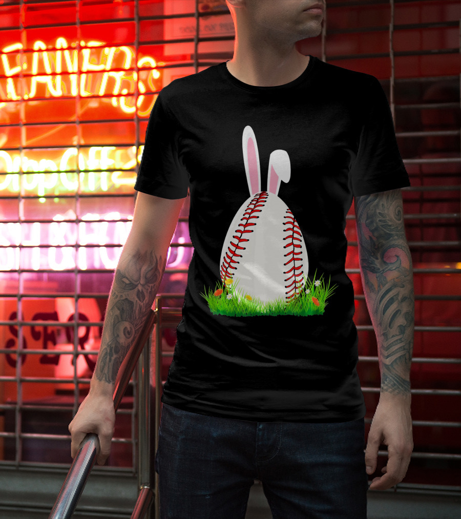 Cute Easter Bunny Baseball Egg With Ears On Grass T-Shirt