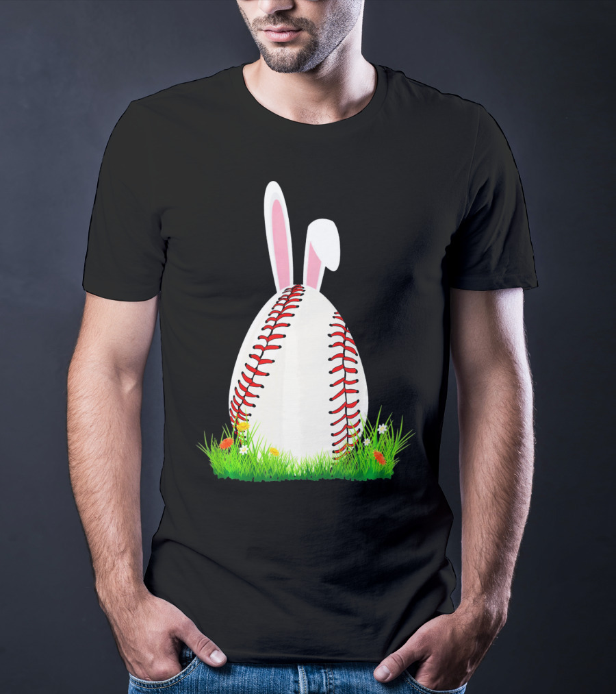 Cute Easter Bunny Baseball Egg With Ears On Grass T-Shirt