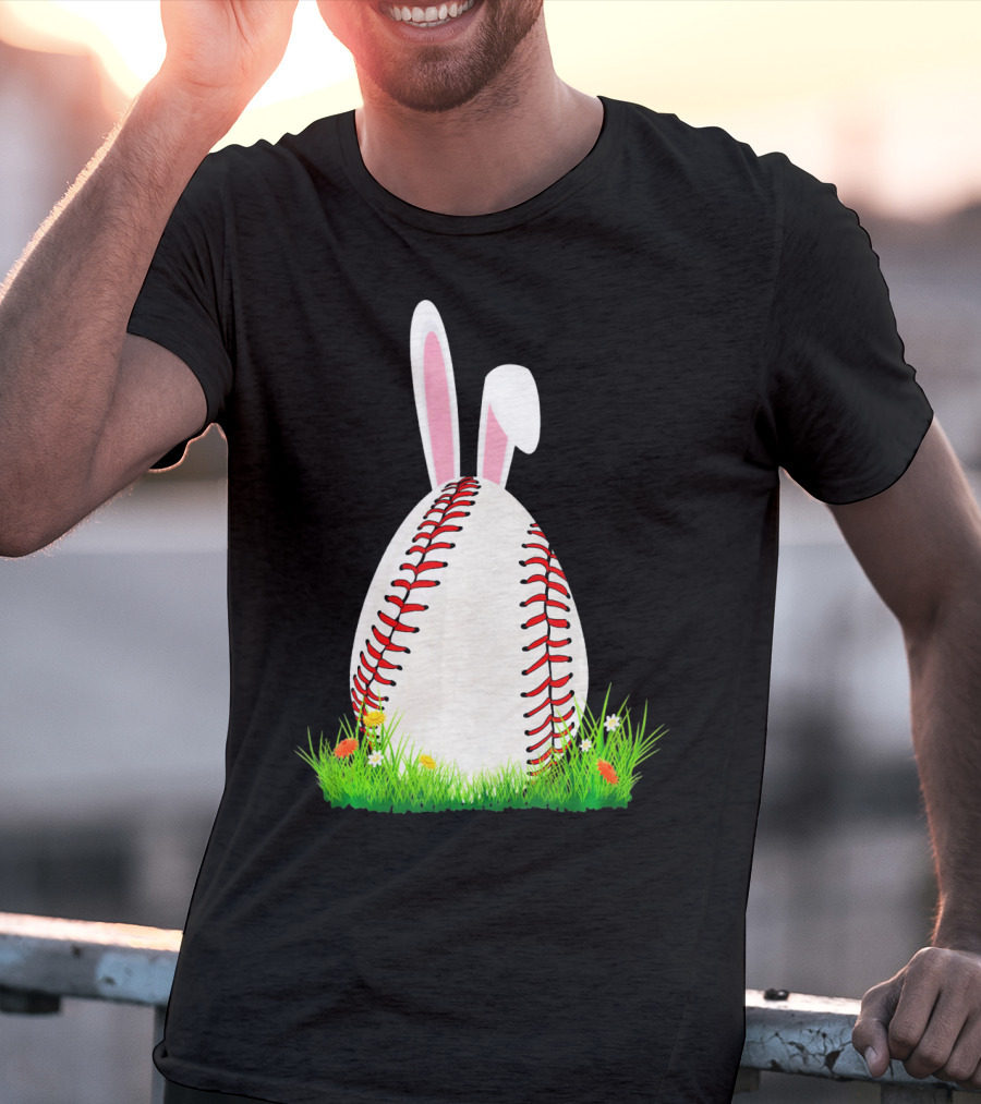Cute Easter Bunny Baseball Egg With Ears On Grass T-Shirt