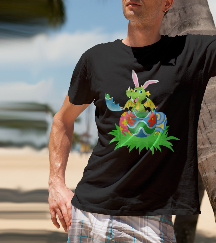 Easter Dragon Egg Hunt With Bunny Ears And Colorful Eggs In Grass T-Shirt
