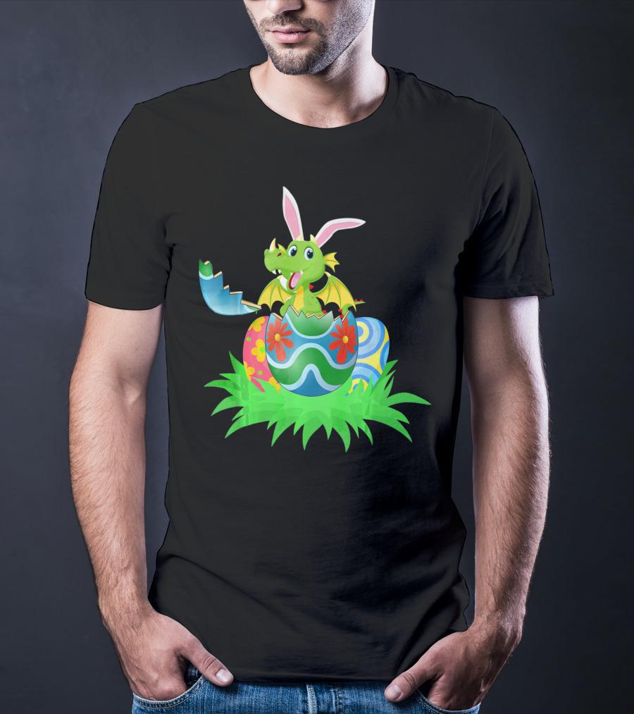 Easter Dragon Egg Hunt With Bunny Ears And Colorful Eggs In Grass T-Shirt