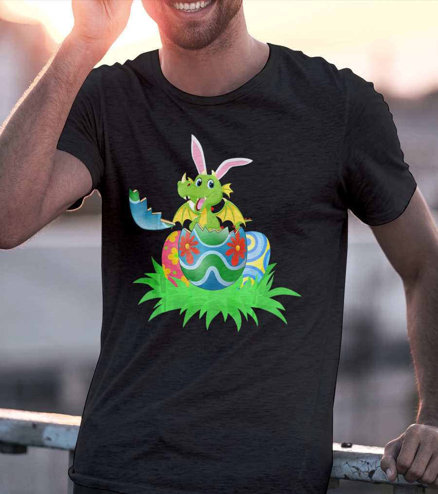 Easter Dragon Egg Hunt With Bunny Ears And Colorful Eggs In Grass T-Shirt