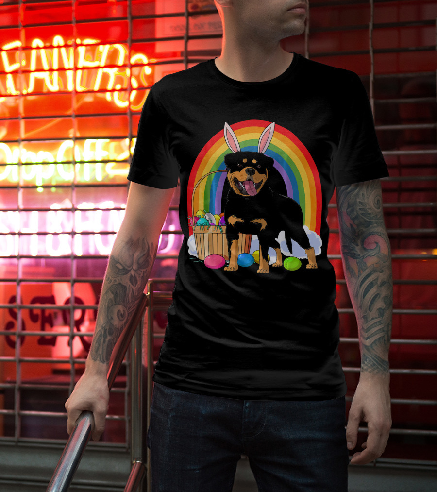 Rottweiler Bunny With Easter Eggs And Rainbow T-Shirt
