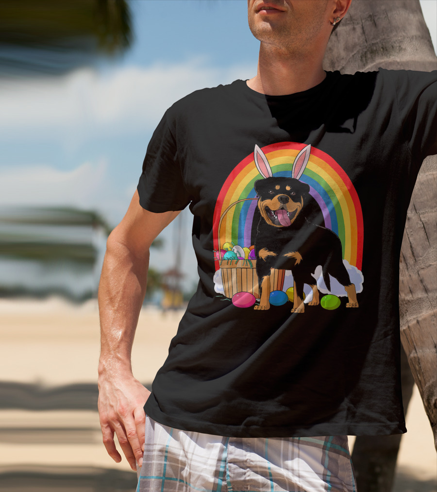 Rottweiler Bunny With Easter Eggs And Rainbow T-Shirt