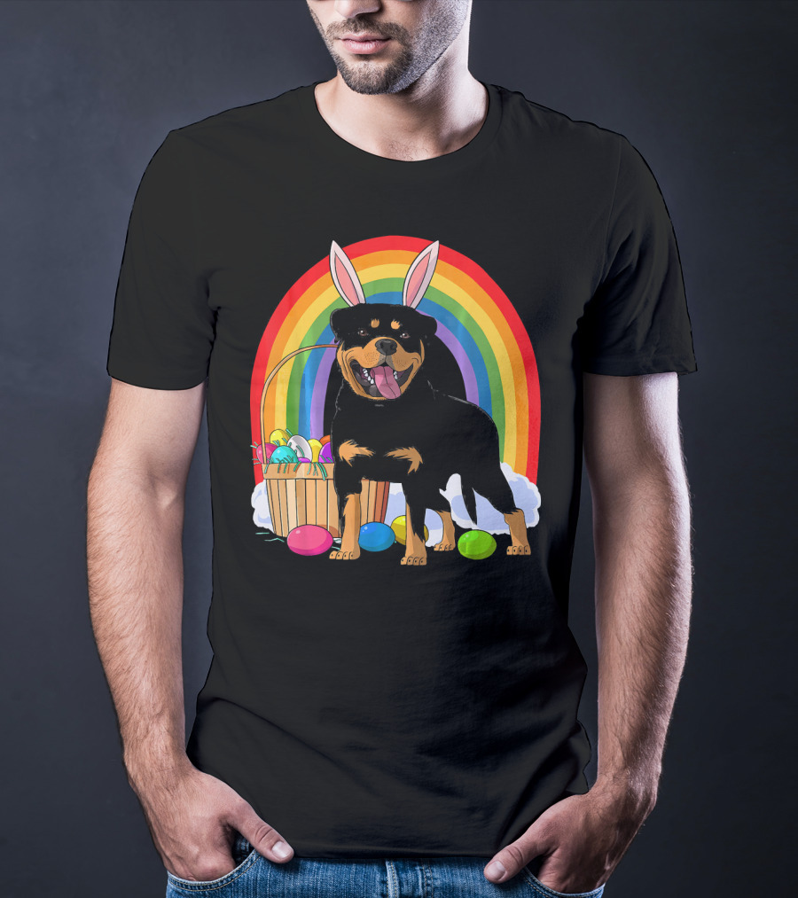 Rottweiler Bunny With Easter Eggs And Rainbow T-Shirt
