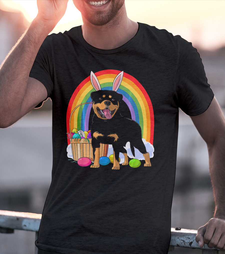 Rottweiler Bunny With Easter Eggs And Rainbow T-Shirt