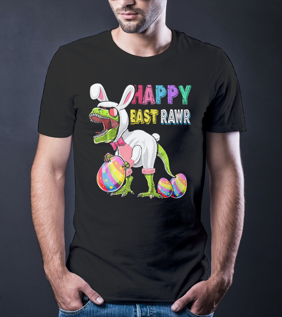 Happy Eastrawr Rex Dinosaur Easter Bunny Costume With Colorful Eggs T-Shirt
