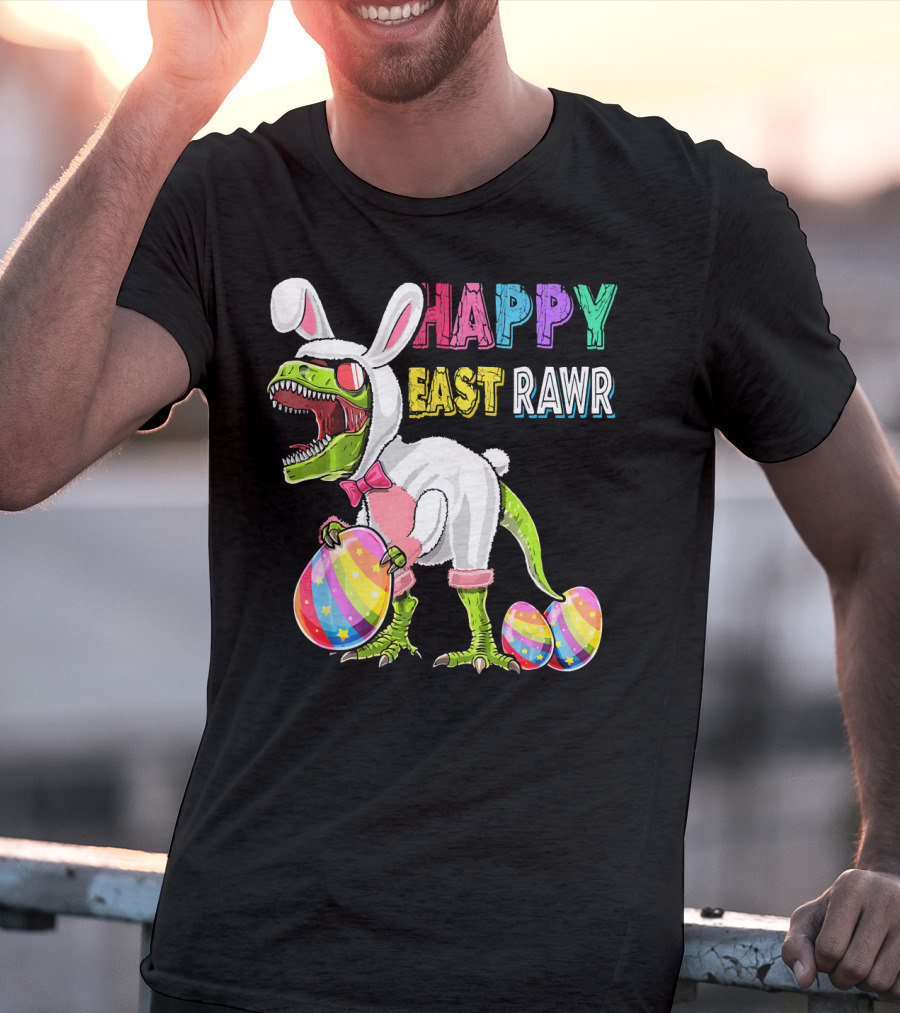 Happy Eastrawr Rex Dinosaur Easter Bunny Costume With Colorful Eggs T-Shirt