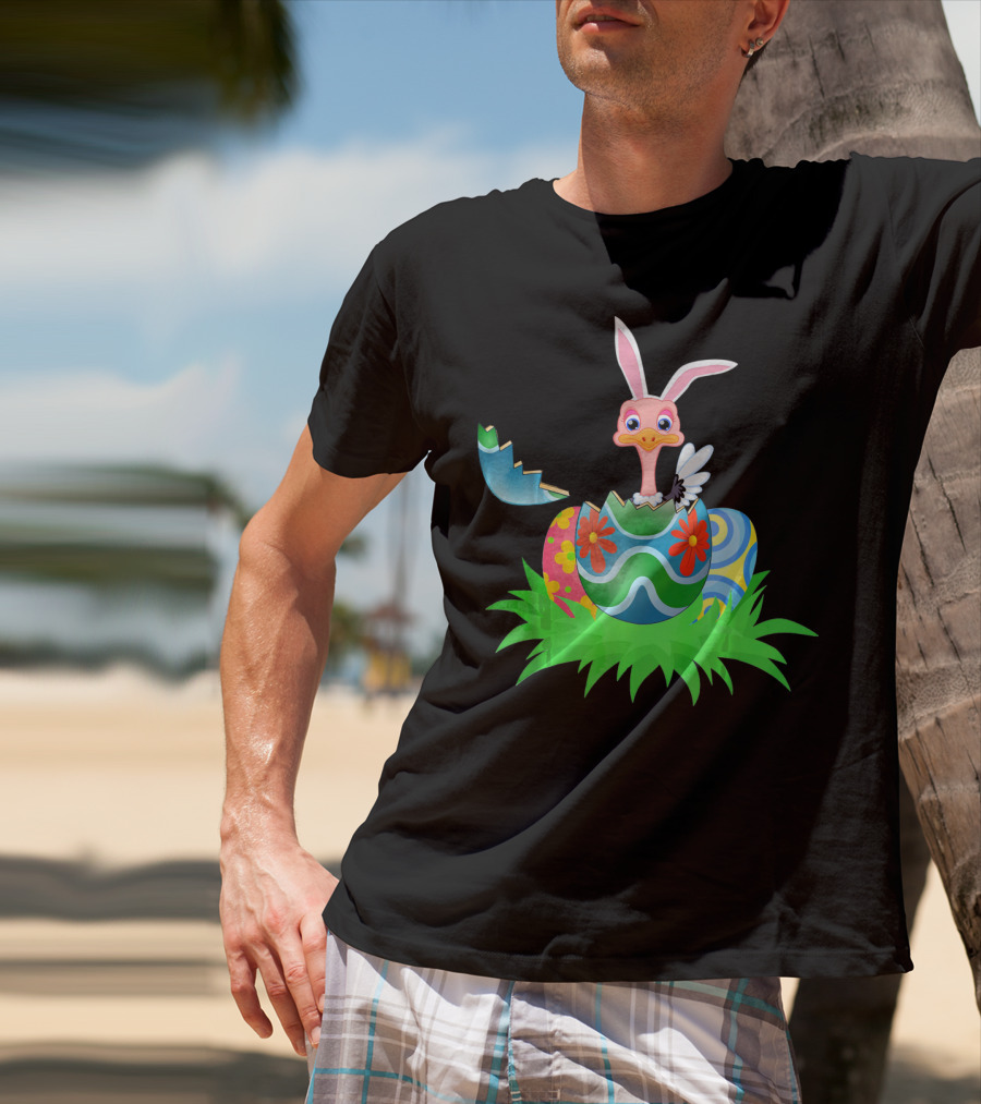Easter Ostrich Hatching From Colorful Easter Egg With Bunny Ears And Flowers T-Shirt
