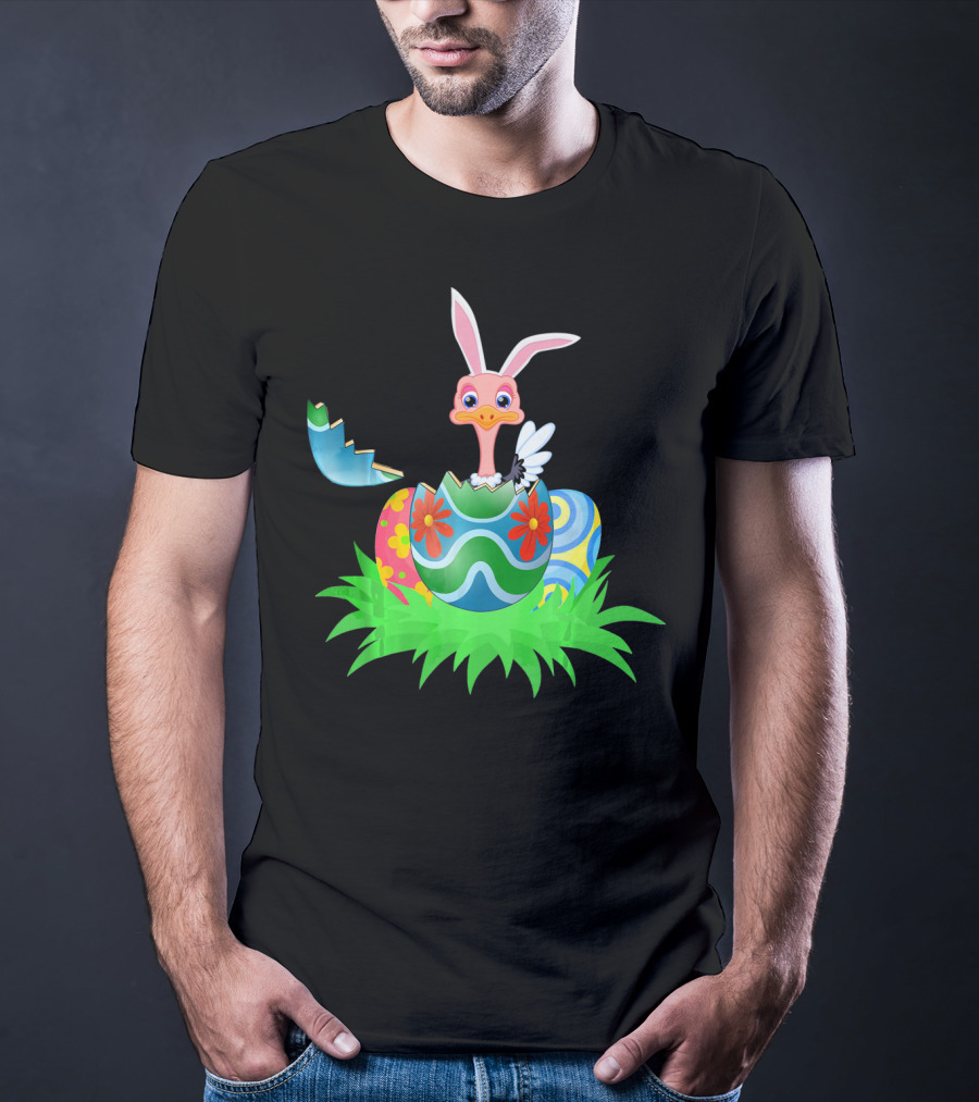 Easter Ostrich Hatching From Colorful Easter Egg With Bunny Ears And Flowers T-Shirt