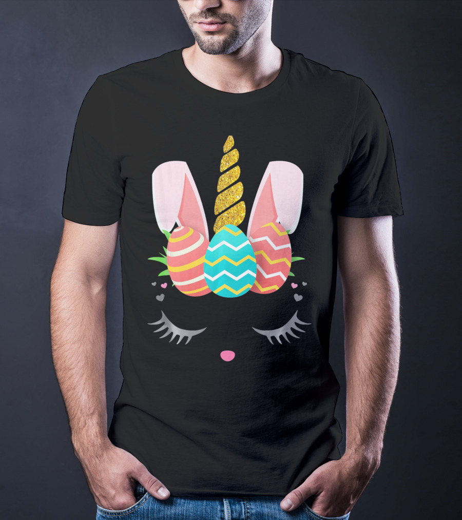 Bunnycorn Easter Bunny Rabbit Face Unicorn Ears Eggs Hearts T-Shirt