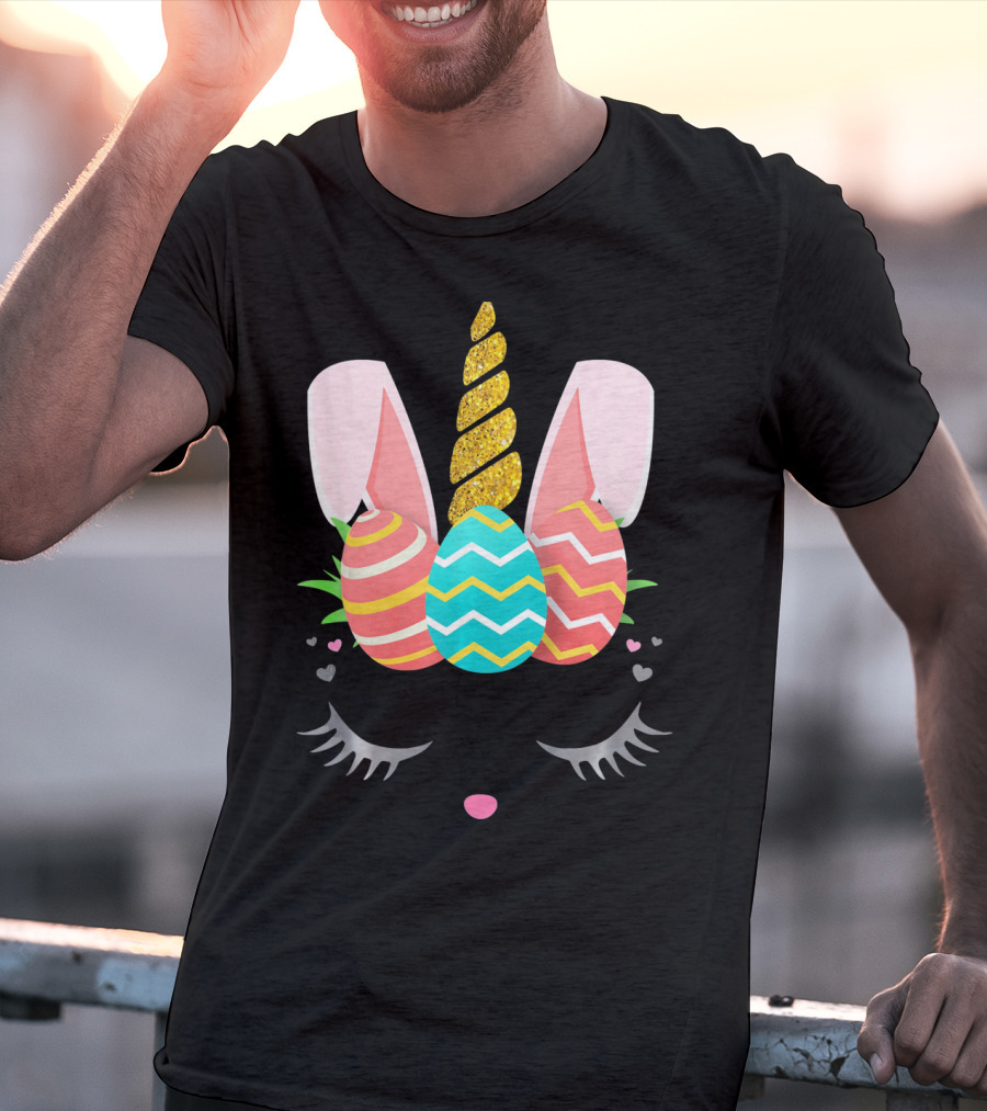 Bunnycorn Easter Bunny Rabbit Face Unicorn Ears Eggs Hearts T-Shirt