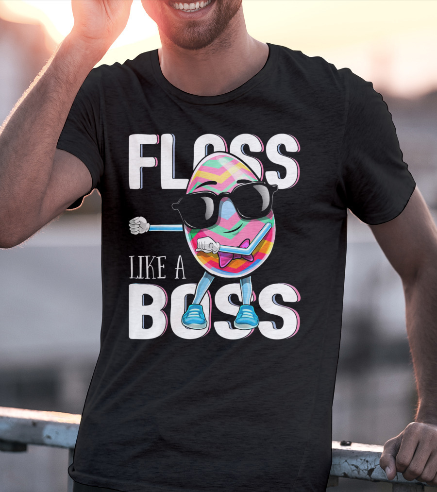 FLOSS LIKE A BOSS Flossing Easter Egg With Sunglasses And Colorful Stripes T-Shirt