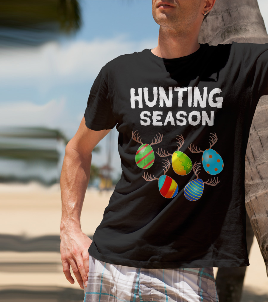 Hunting Season Funny Easter Bunny With Colorful Eggs And Antlers T-Shirt