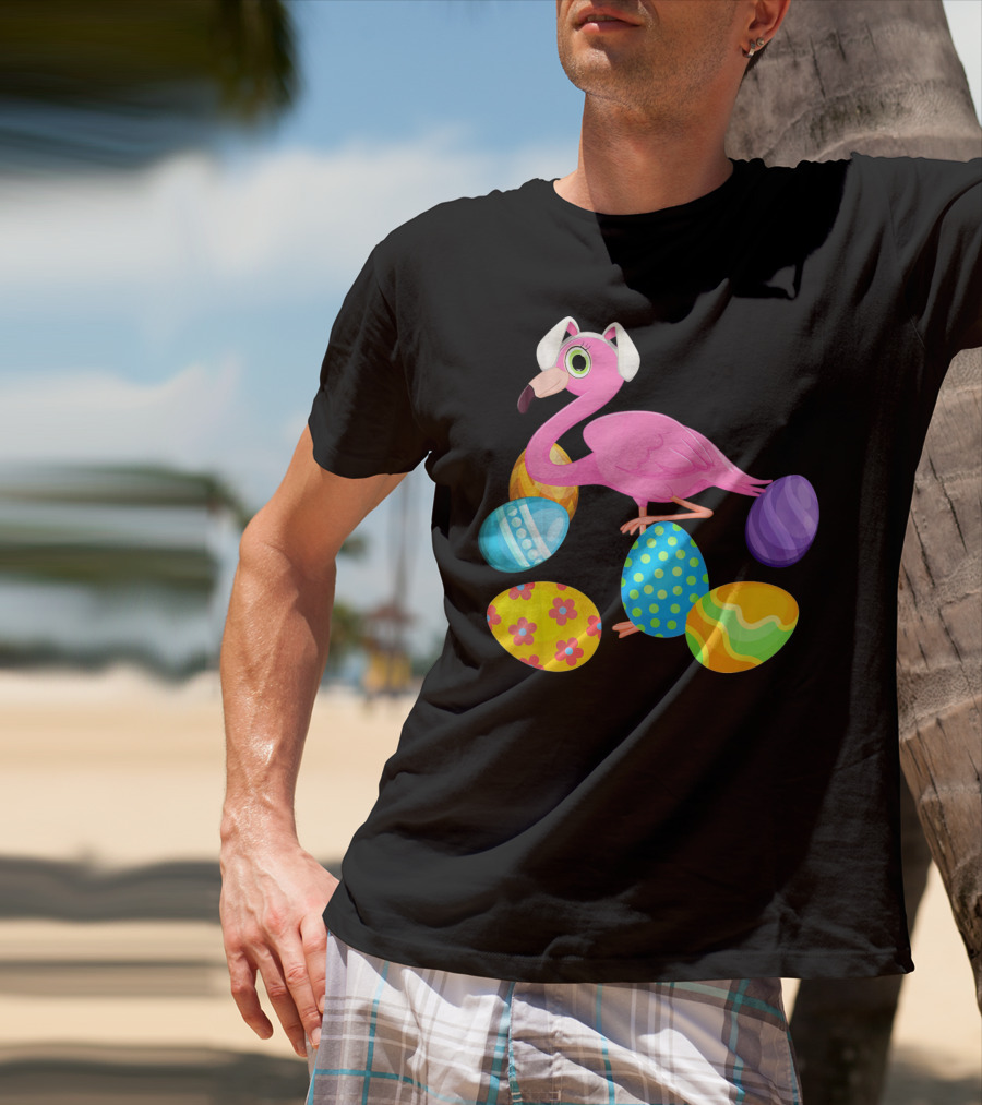 Flamingo Bunny Rabbit Hat With Colorful Easter Eggs Playing Easter T-Shirt