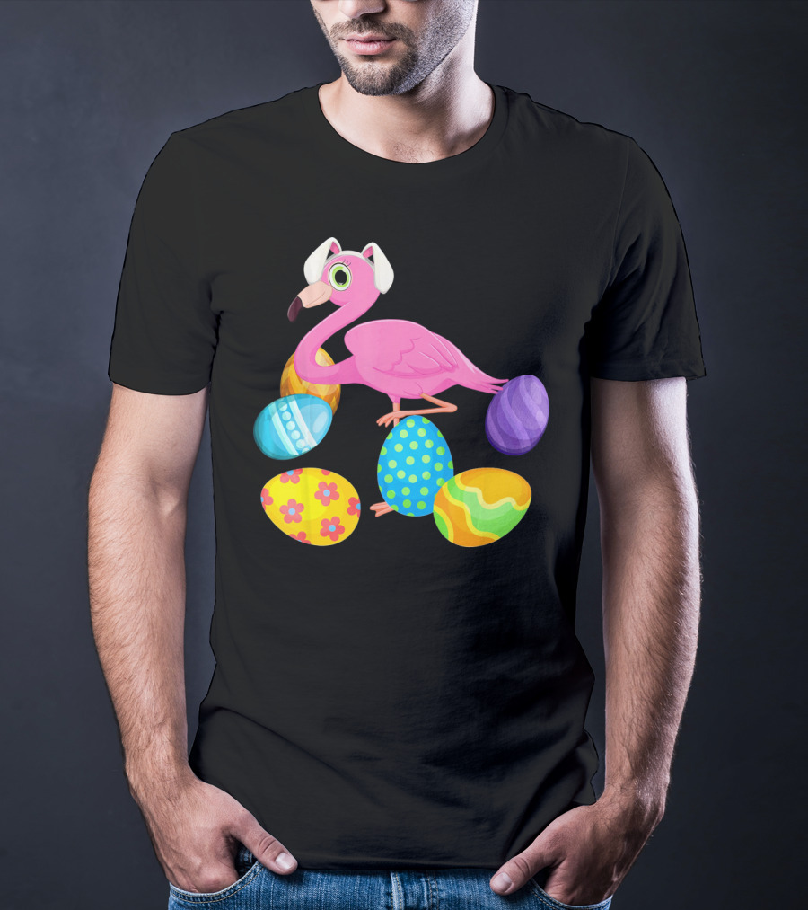 Flamingo Bunny Rabbit Hat With Colorful Easter Eggs Playing Easter T-Shirt