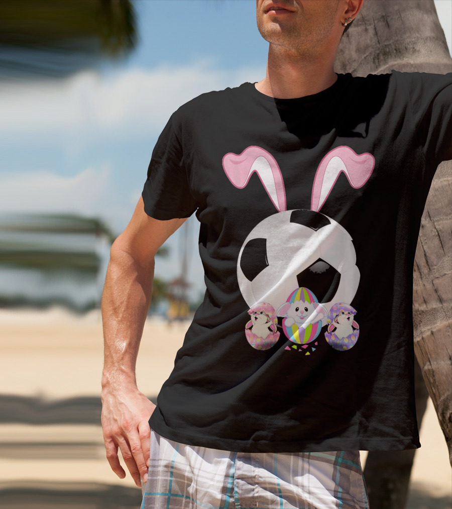 Soccer Easter Bunny Egg With Pink Ears And Colorful Easter Eggs T-Shirt