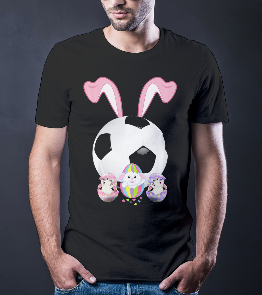 Soccer Easter Bunny Egg With Pink Ears And Colorful Easter Eggs T-Shirt