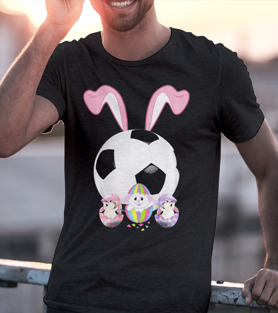 Soccer Easter Bunny Egg With Pink Ears And Colorful Easter Eggs T-Shirt