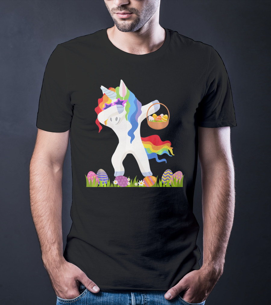 Funny Unicorn Dabbing With Easter Basket And Eggs Happy Easter Day T-Shirt