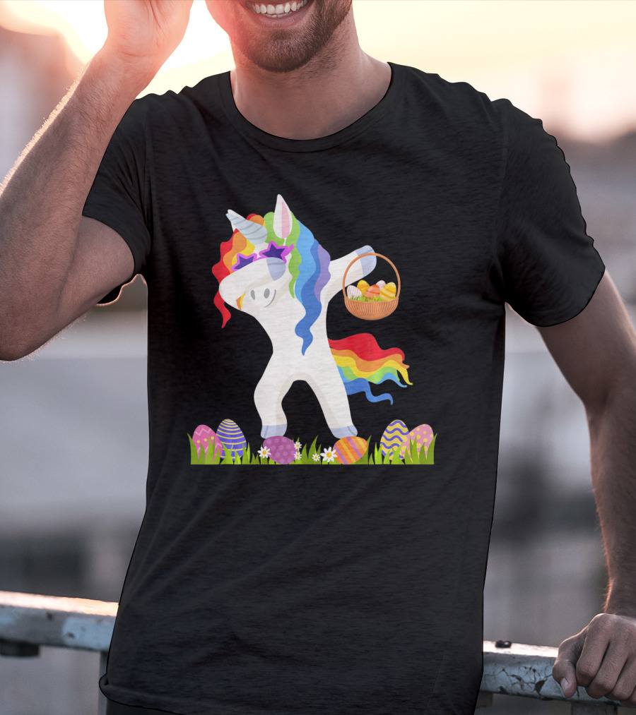 Funny Unicorn Dabbing With Easter Basket And Eggs Happy Easter Day T-Shirt
