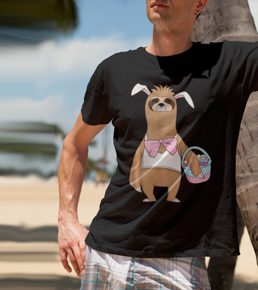 Sloth Easter Bunny Lazy Rabbit With Basket Of Eggs T-Shirt