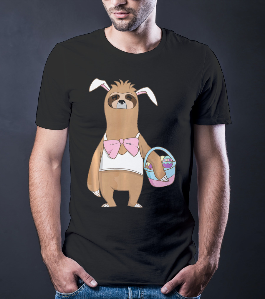Sloth Easter Bunny Lazy Rabbit With Basket Of Eggs T-Shirt