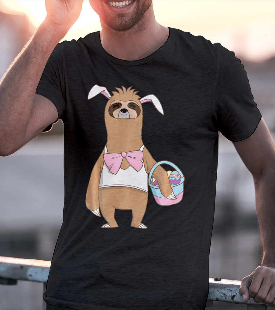 Sloth Easter Bunny Lazy Rabbit With Basket Of Eggs T-Shirt