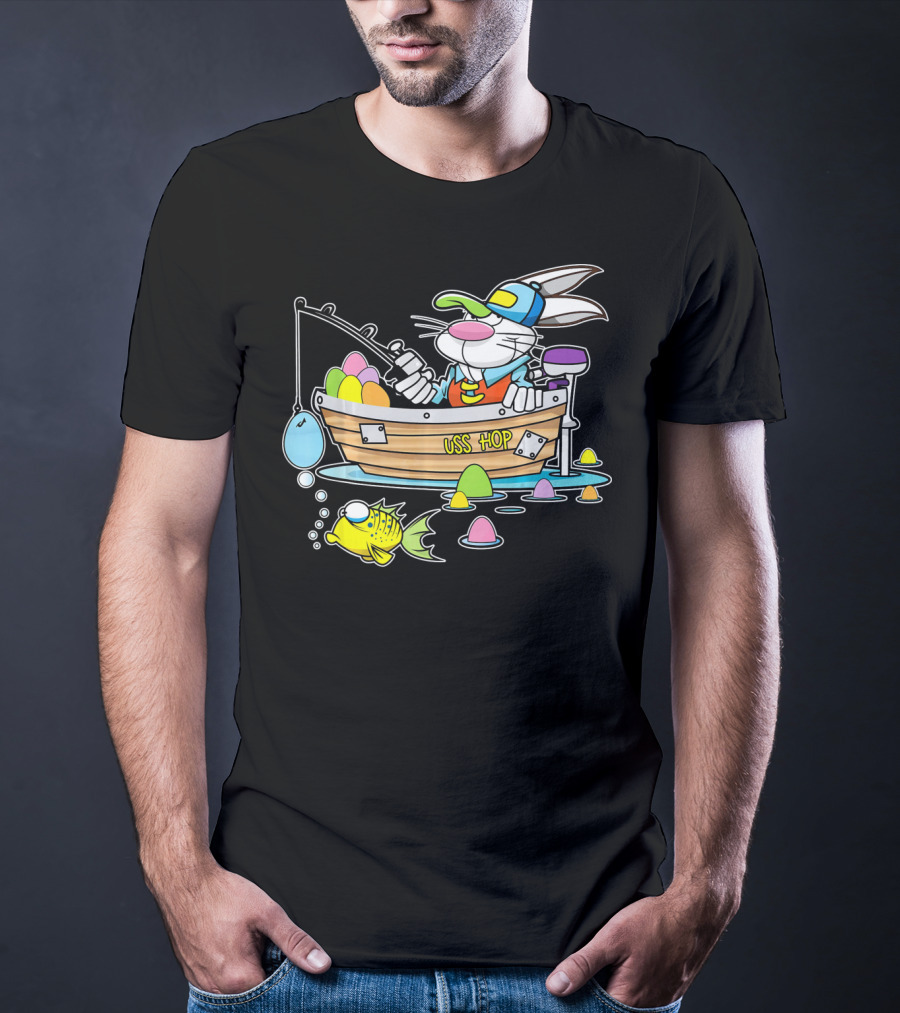 Fun Easter Bunny Fishing USS Hop With Eggs And Colorful Fish T-Shirt