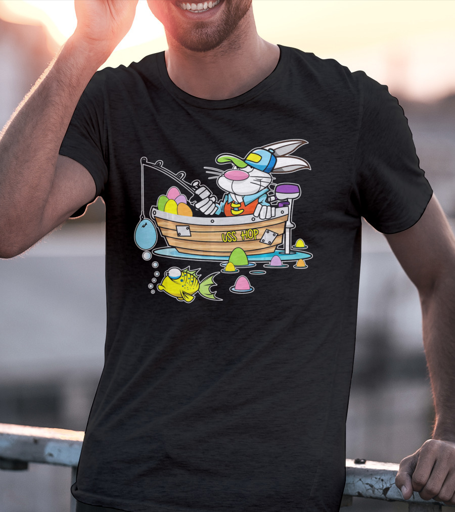 Fun Easter Bunny Fishing USS Hop With Eggs And Colorful Fish T-Shirt