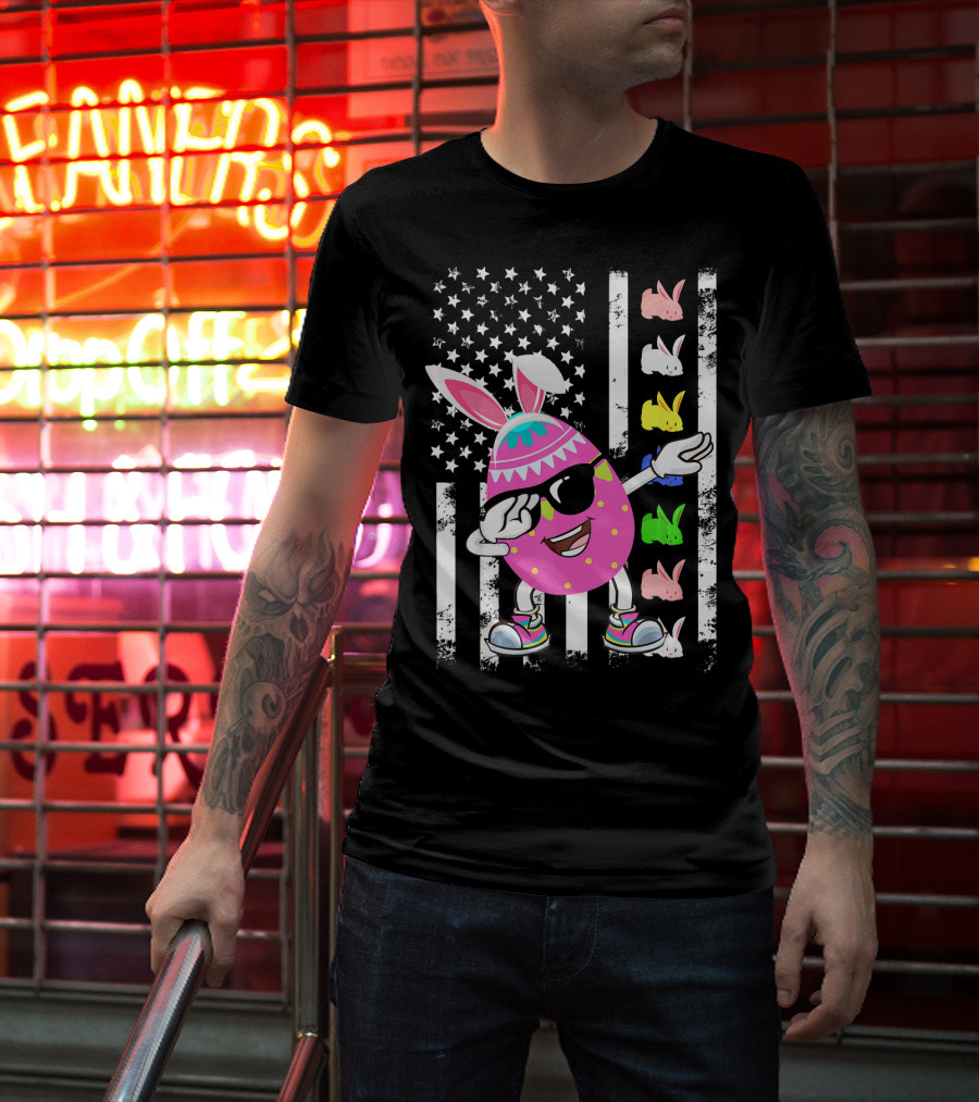 Dabbing Easter Egg Rabbit With American Flag And Bunny Icons T-Shirt