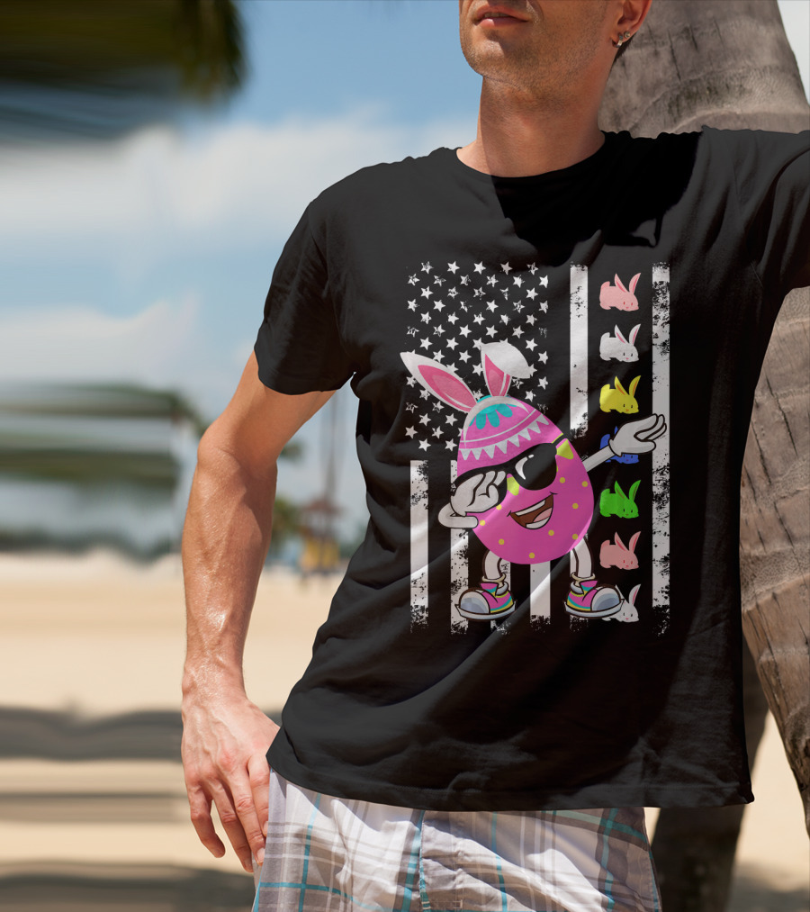 Dabbing Easter Egg Rabbit With American Flag And Bunny Icons T-Shirt