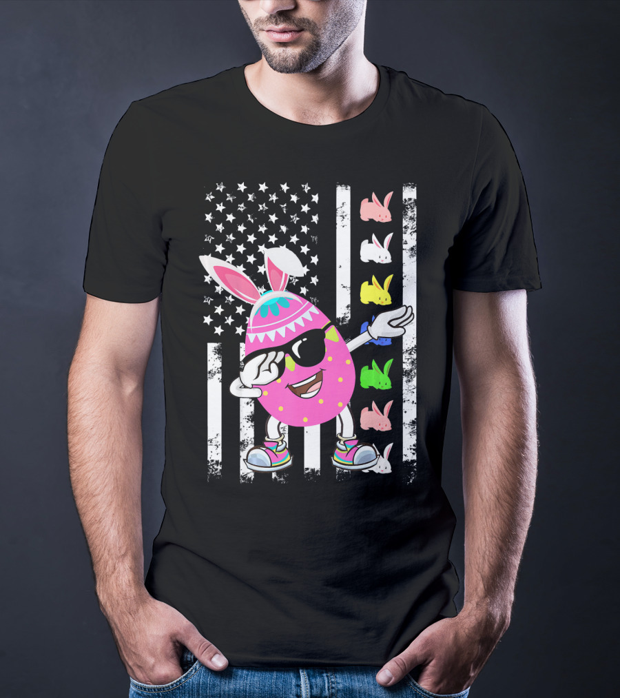 Dabbing Easter Egg Rabbit With American Flag And Bunny Icons T-Shirt