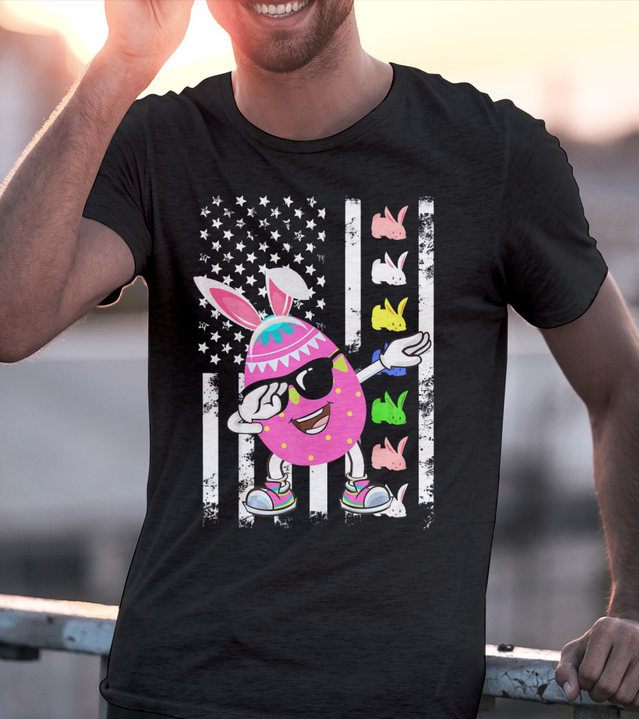Dabbing Easter Egg Rabbit With American Flag And Bunny Icons T-Shirt