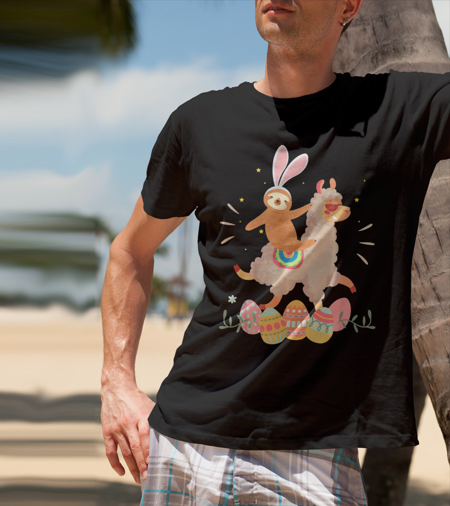 Cute Bunny Sloth Riding Llama Easter Eggs T-Shirt