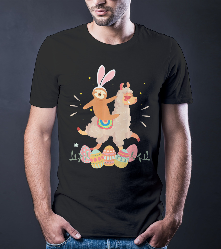 Cute Bunny Sloth Riding Llama Easter Eggs T-Shirt