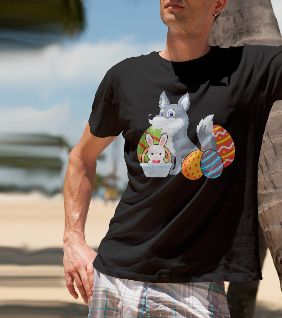Easter Wolf Happy Bunny With Colorful Eggs T-Shirt