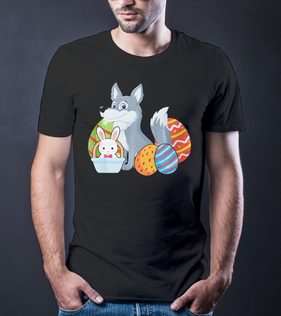 Easter Wolf Happy Bunny With Colorful Eggs T-Shirt