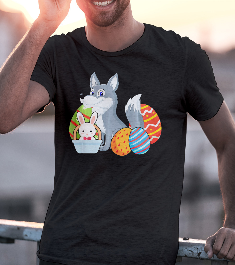 Easter Wolf Happy Bunny With Colorful Eggs T-Shirt