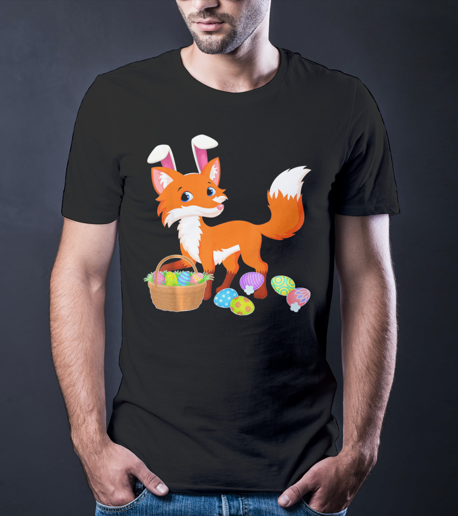Happy Fox Easter Bunny Ears With Colorful Eggs Basket T-Shirt