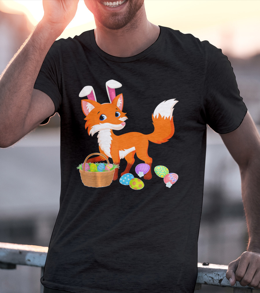 Happy Fox Easter Bunny Ears With Colorful Eggs Basket T-Shirt