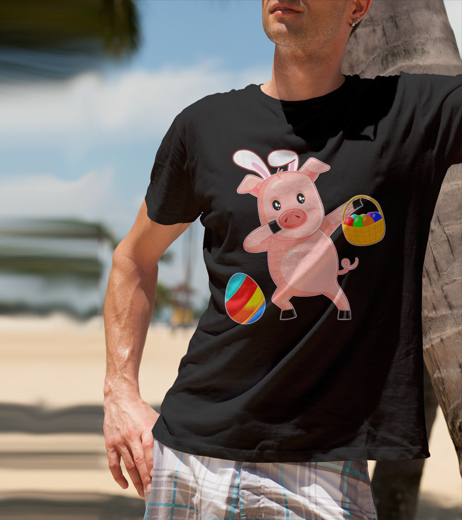 Easter Bunny Dabbing Pig With Colorful Egg Basket T-Shirt