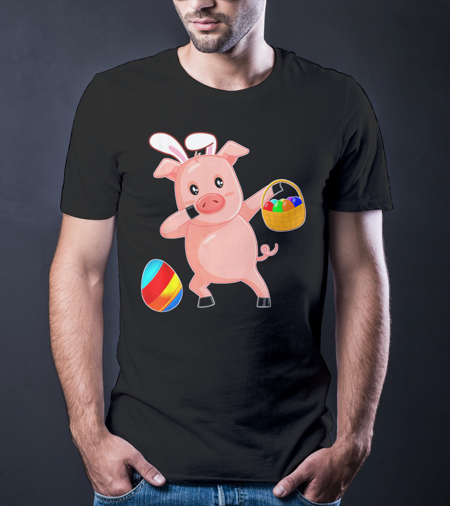 Easter Bunny Dabbing Pig With Colorful Egg Basket T-Shirt