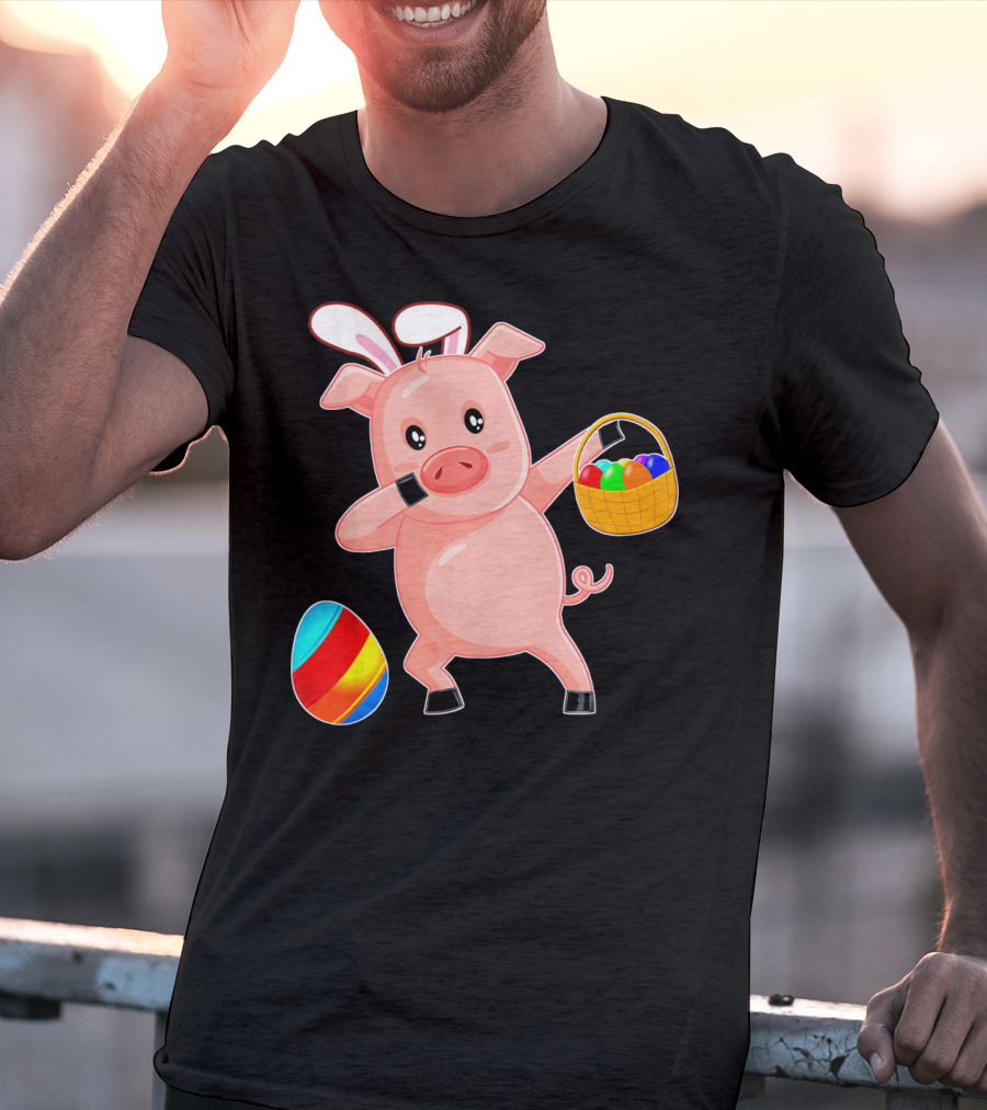 Easter Bunny Dabbing Pig With Colorful Egg Basket T-Shirt