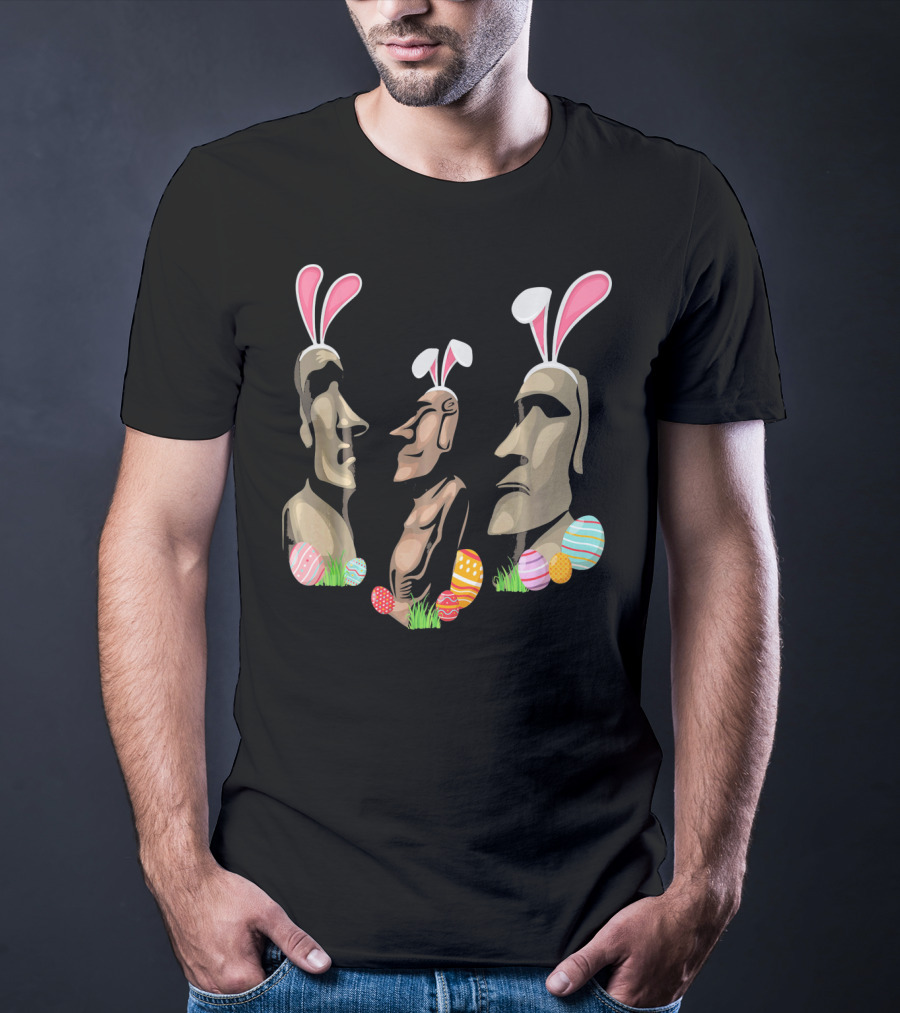 Funny Easter Island Statues Wearing Bunny Ears Surrounded By Colorful Easter Eggs T-Shirt