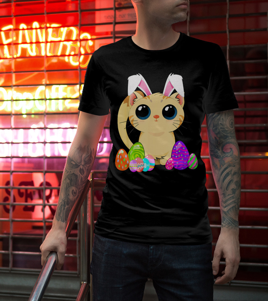 Cute Easter Cat Holiday Bunny Ears With Colorful Eggs T-Shirt